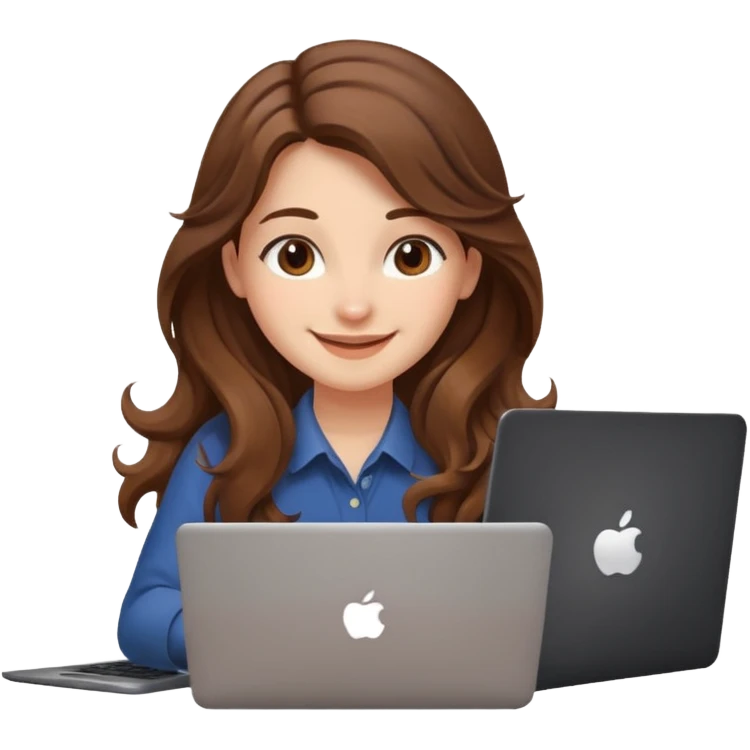 Sitting in front of a laptop in the style of a cute female developer. Not wearing glasses, smiling with long hair waves. Early 20s
 emoji