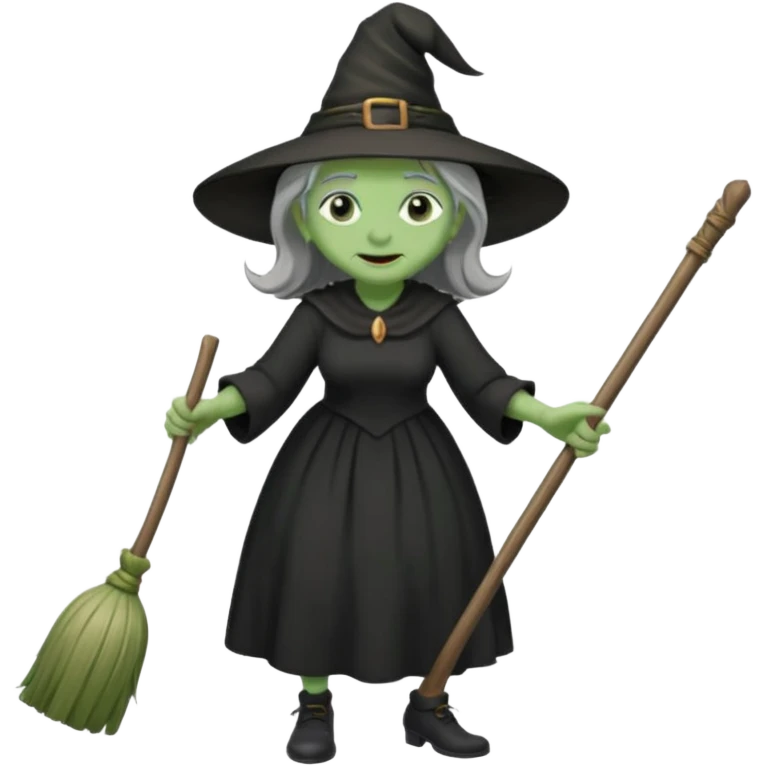 Old witch with green skin and a big nose waering a black dress and riding a broom emoji