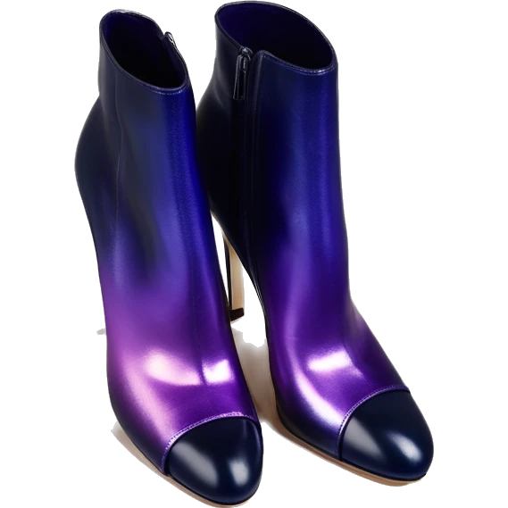 Real isolated top view of a pair of metallic dark navy to dark purple ombre Jimmy Choo stiletto peep toe ankle bootie boots.  emoji