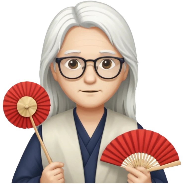 long white haired folding fan holder with glasses emoji