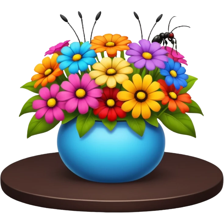 a table with a bouquet of flowers on top and an ant underneath emoji