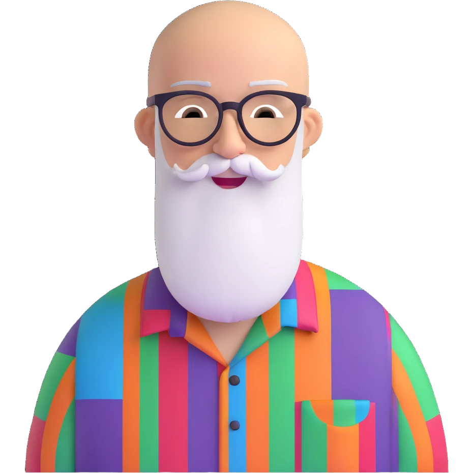 bald man with glasses, long white beard, winking, wearing a colorful shirt emoji