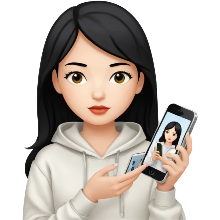 I want a girl with black hair, a white hoodie with a Vogue magazine in her hand, and in the other hand her iPhone 13 emoji