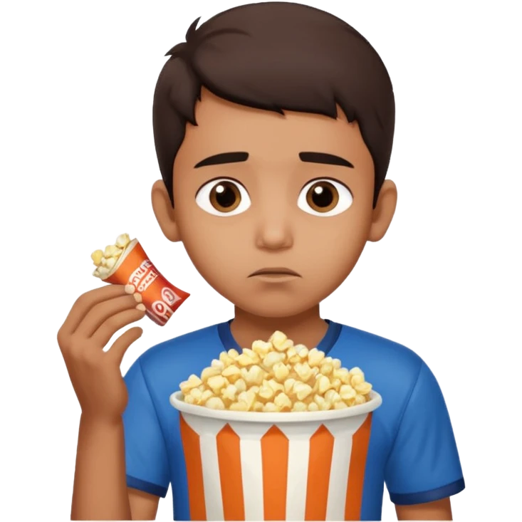 an indian boy wearing indian cricket jersey and eating popcorn and looking sad emoji