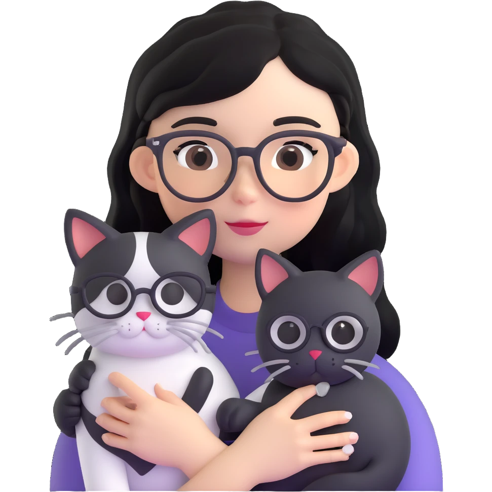 Girl with black hair wearing glasses holding a black and white cat emoji