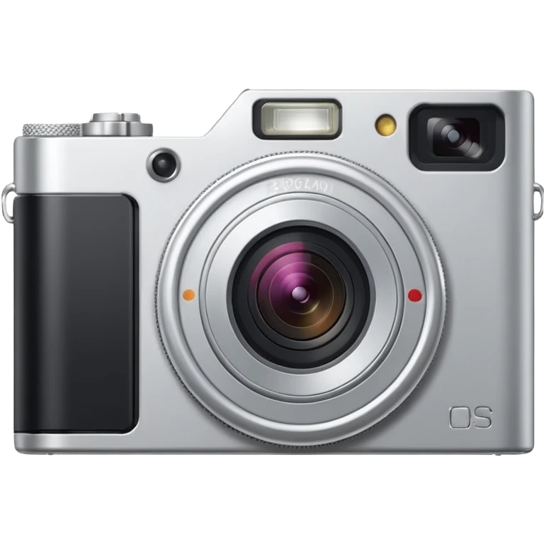 compact fully silver digital camera with a circular extended lens, metallic finish, small built-in flash and minimal buttons. from a slight 45 degree angle emoji