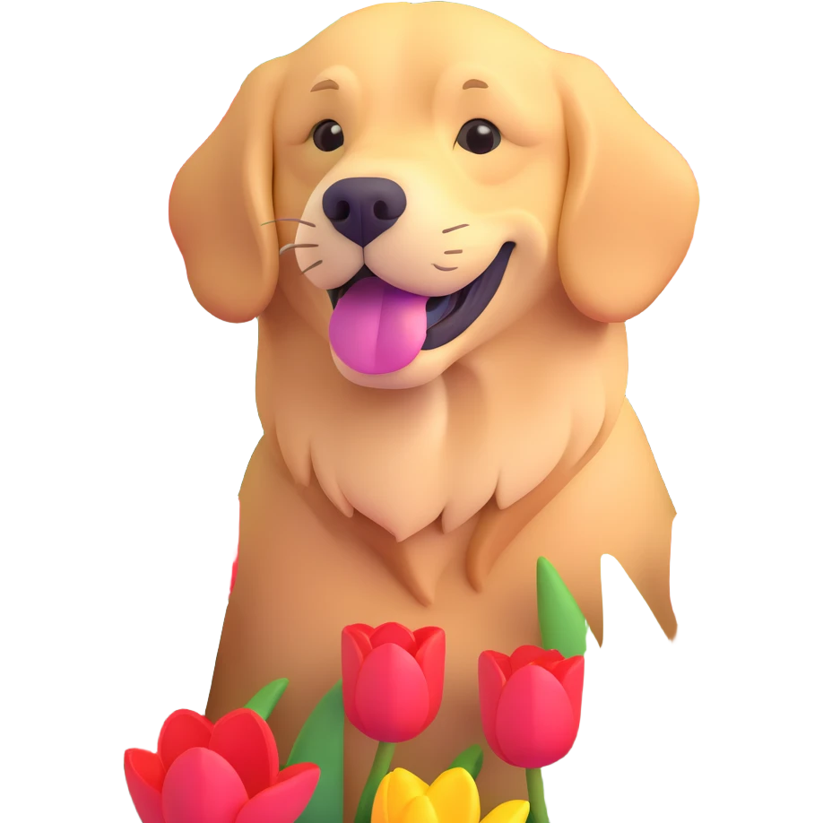 golden retriever surrounded by tulips emoji