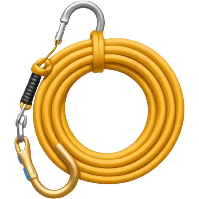A 3D cartoon coiled climbing rope with a carabiner, golden color, resting on a rocky surface, realistic soft shadows, Memoji-style rendering. emoji