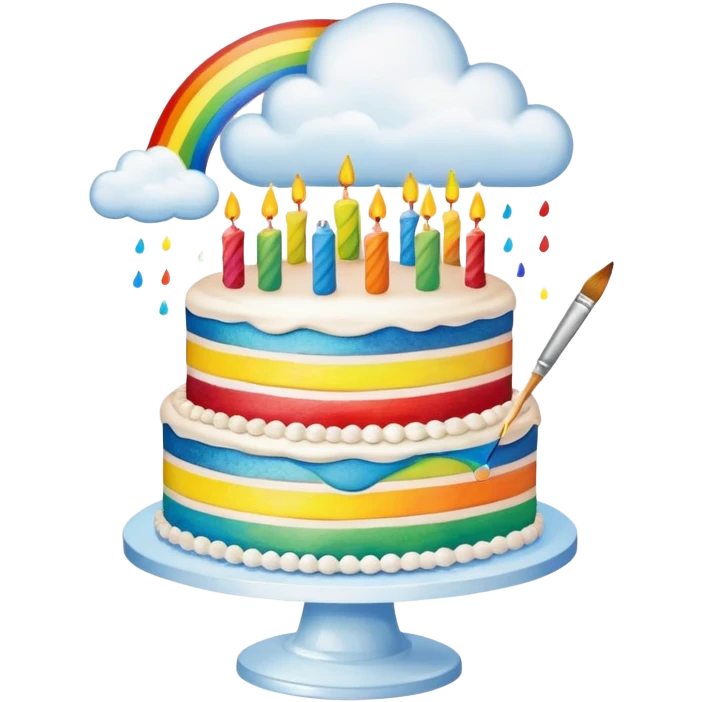 artist painting rainbow birthday cake with clouds emoji