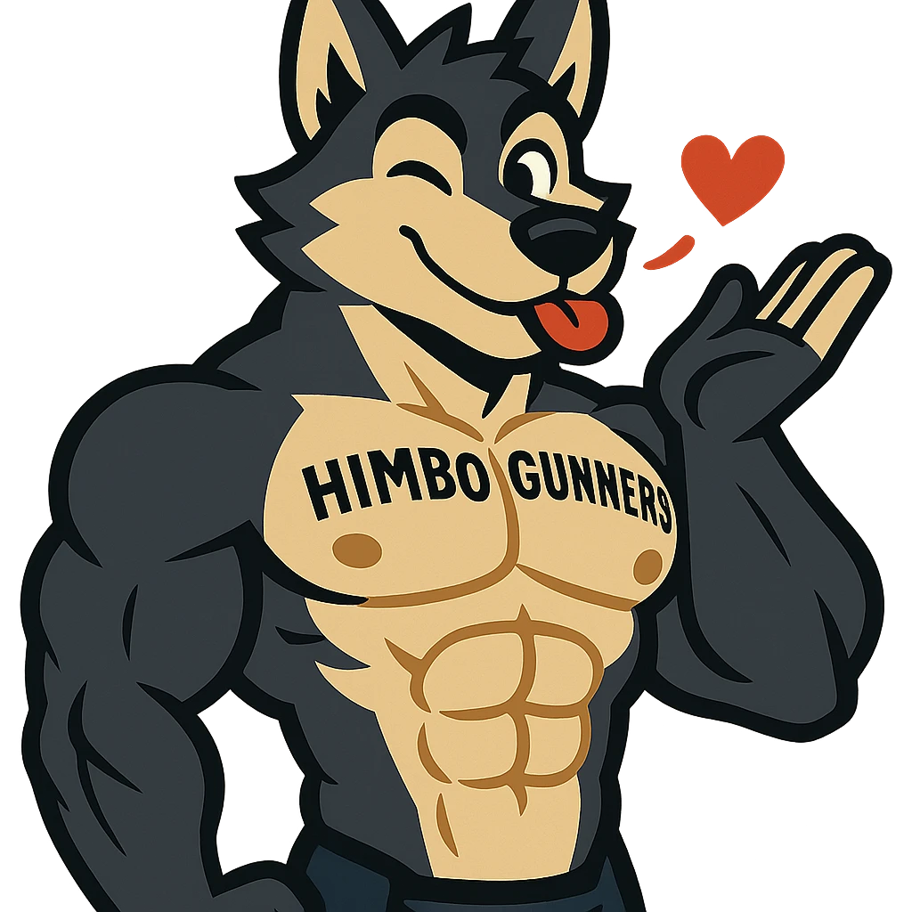 super buff wolf furry, shirtless, with 'Himbo Gunners' tattooed on his pecs, blowing a kiss and winking, happy and flirty, highly defined muscles, ultra high quality emoji