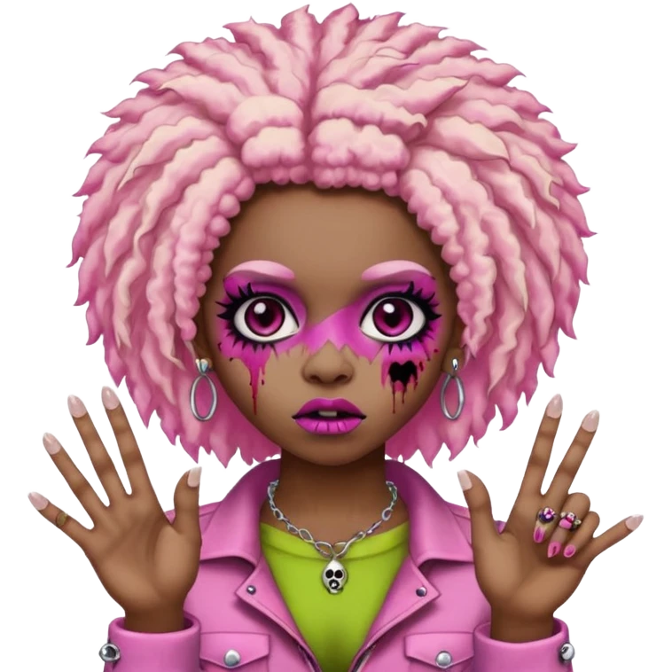 girl, zombie,pink and blonde afro, medium long, emo, shaggy, dark, spooky,double eyebrow dermal piercing, two fingers up emoji