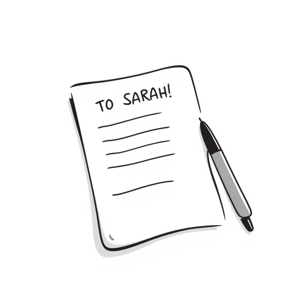a paper letter with "TO SARAH" text written at the top of the letter, with a pen lying next to it emoji