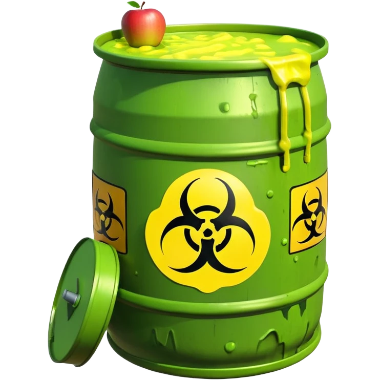 3D render of Biohazard Barrel, toxic waste aesthetic, neon green bubbling liquid, caution yellow metal, industrial warning texture, Apple emoji style, isolated on white background --v 6.0 emoji
