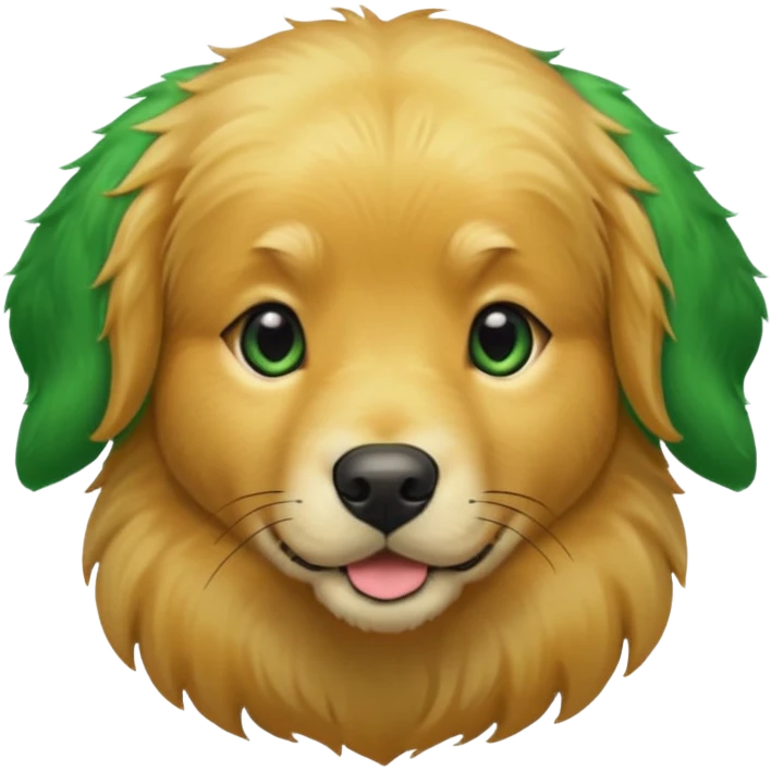 green dog extra furry golden retriever. The dog fur is green. Green is hex code #10462E emoji