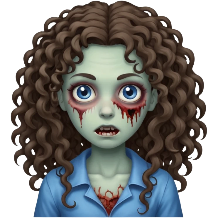 a zombie girl, her hair is curly and brunette but it is long hair and her curls are more open, the color eyes is blue mix grey emoji