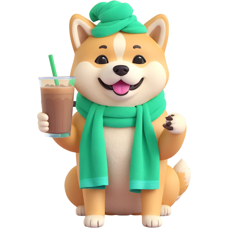 adorable and happy Akita Inu with a green towel tied on its head, enjoying a glass of iced coffee emoji