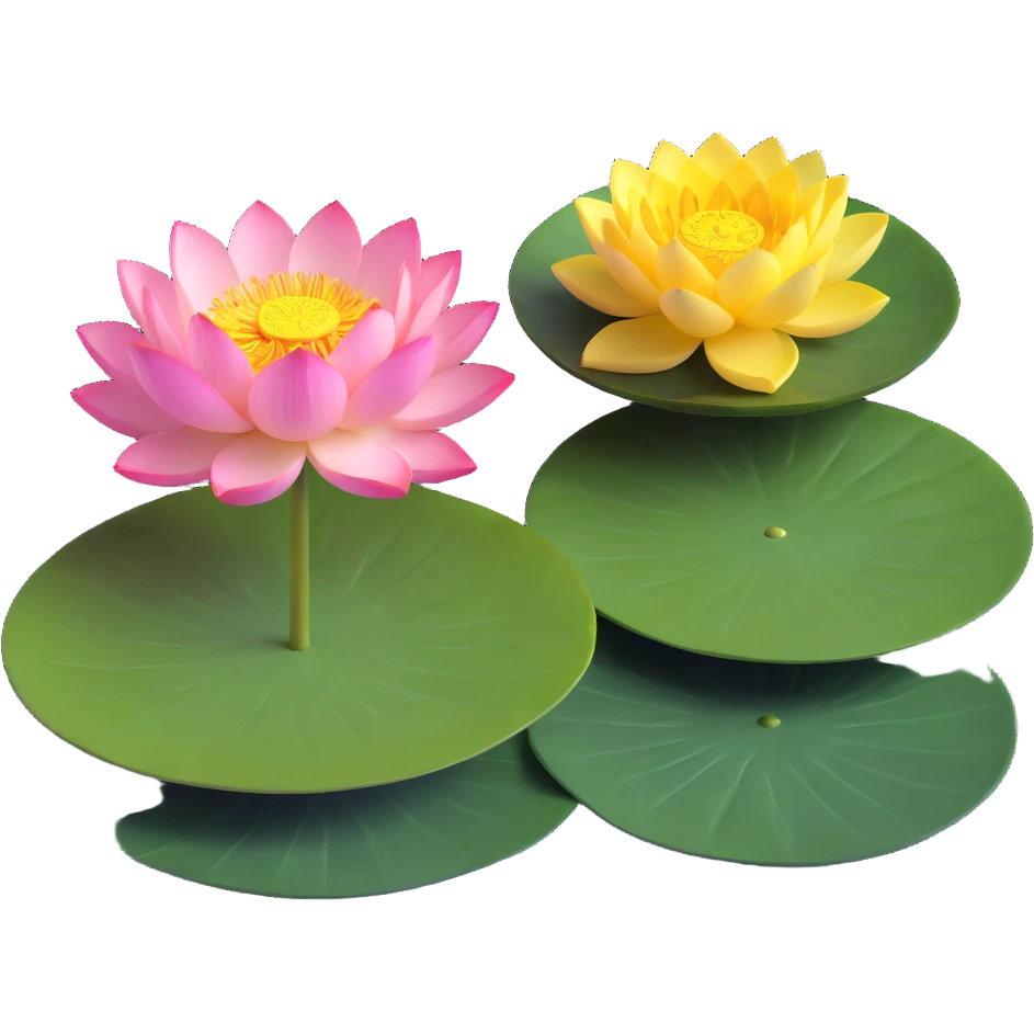 Elegant lotus flower with pink petals, yellow center and circular green lotus pad in water emoji
