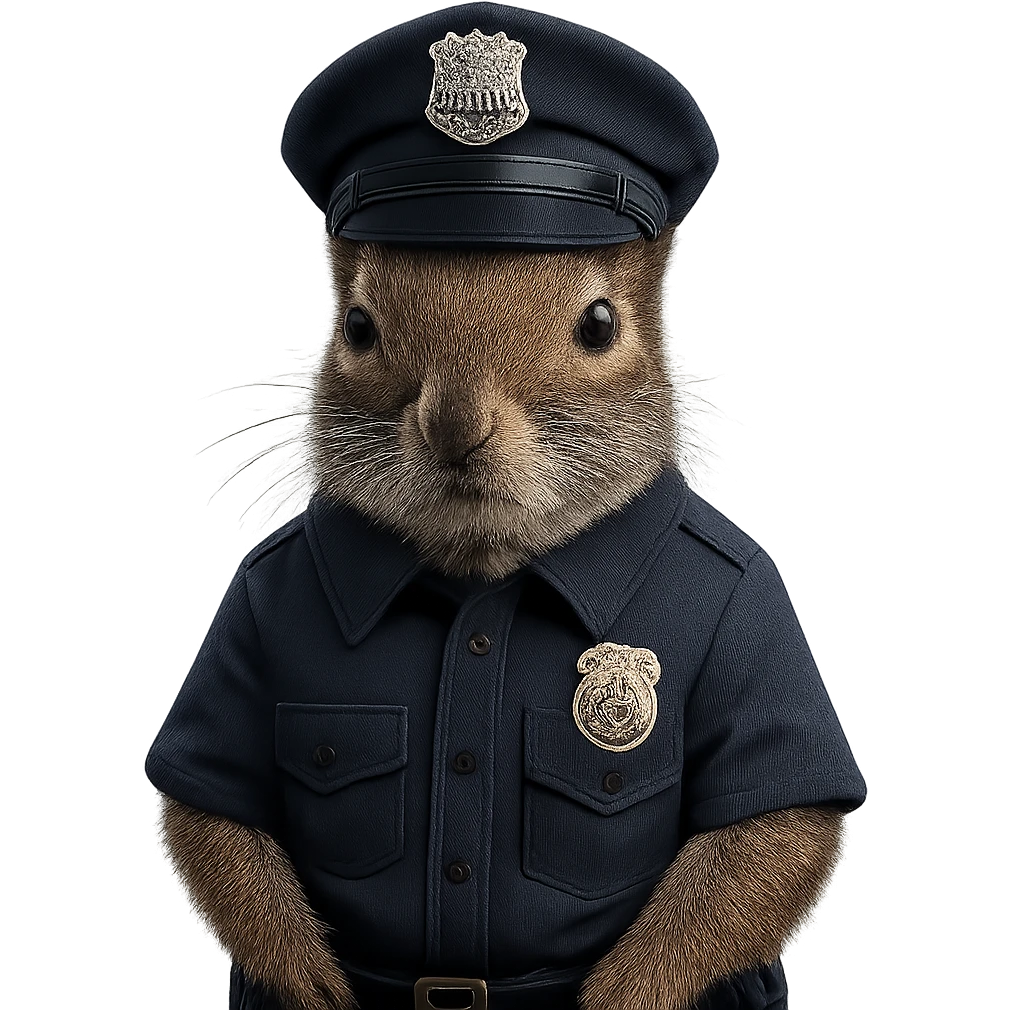 a realistic squirrel in a police uniform, serious face, police hat, badge visible, standing on hind legs emoji
