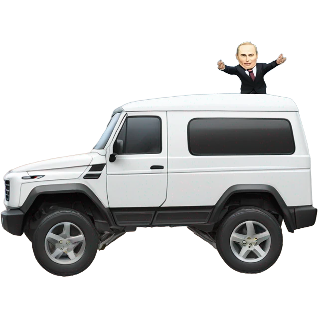 Photorealistic Vladimir Putin doing a backflip over a Tesla cyber truck emoji
