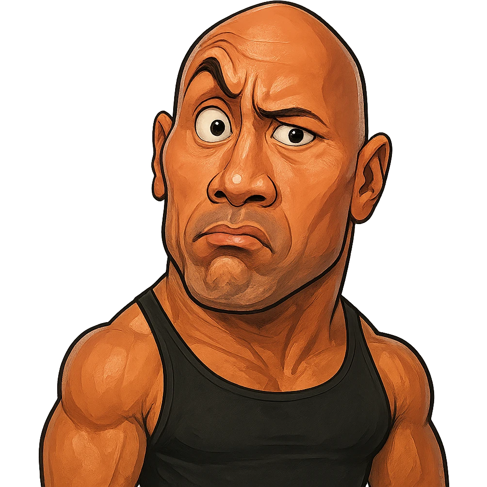 the rock meme, exaggerated cartoon style, Dwayne Johnson with a raised eyebrow, funny expression emoji