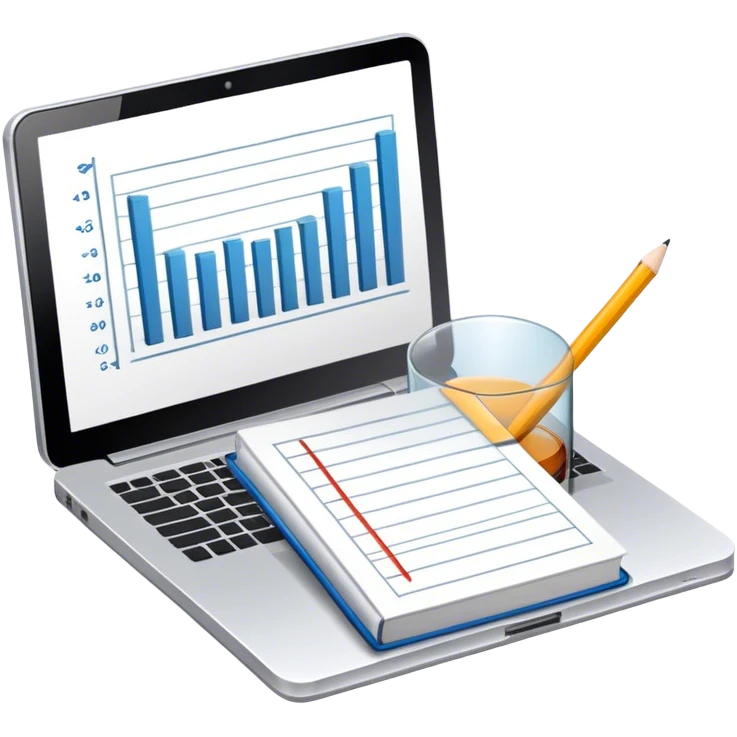 Icon for Business Reading: a prominent book at the forefront, laptop and notepad around it, along with a bar graph and symbolizing ideas and growth. The icon should represent the knowledge and strategy of business literature. Transparent background. emoji
