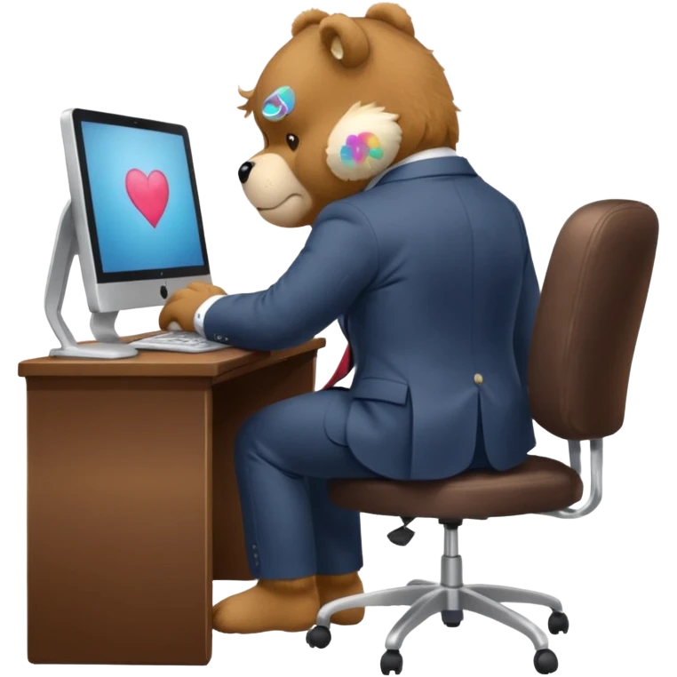Care bear sad in suit back view, sit on a chair, working on a computer, with a big desk emoji