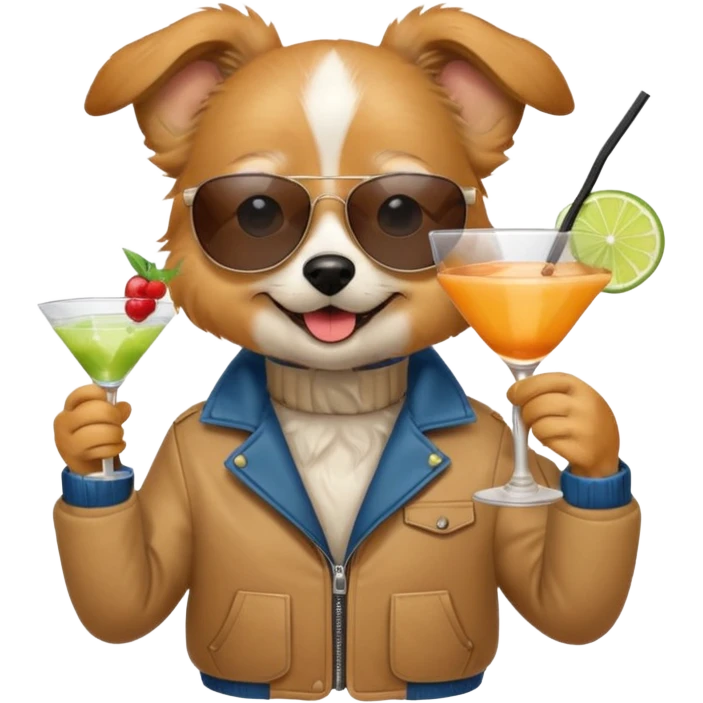 Dog with jacket, holding a cocktail, wearing sunglasses emoji
