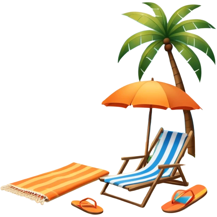 Icon for Beach Tourism: with the blue ocean, orange sunset sun and palm trees in the background, a sun umbrella, flip-flops, and a beach towel on the sand. The icon should represent relaxation and fun at the beach. Transparent background. emoji