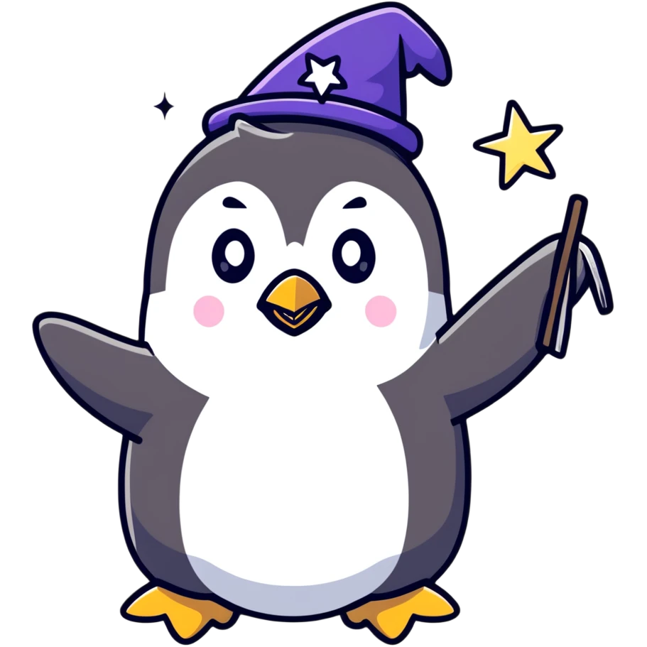 A cute penguin wizard casting a spell with stars and sparkles emoji
