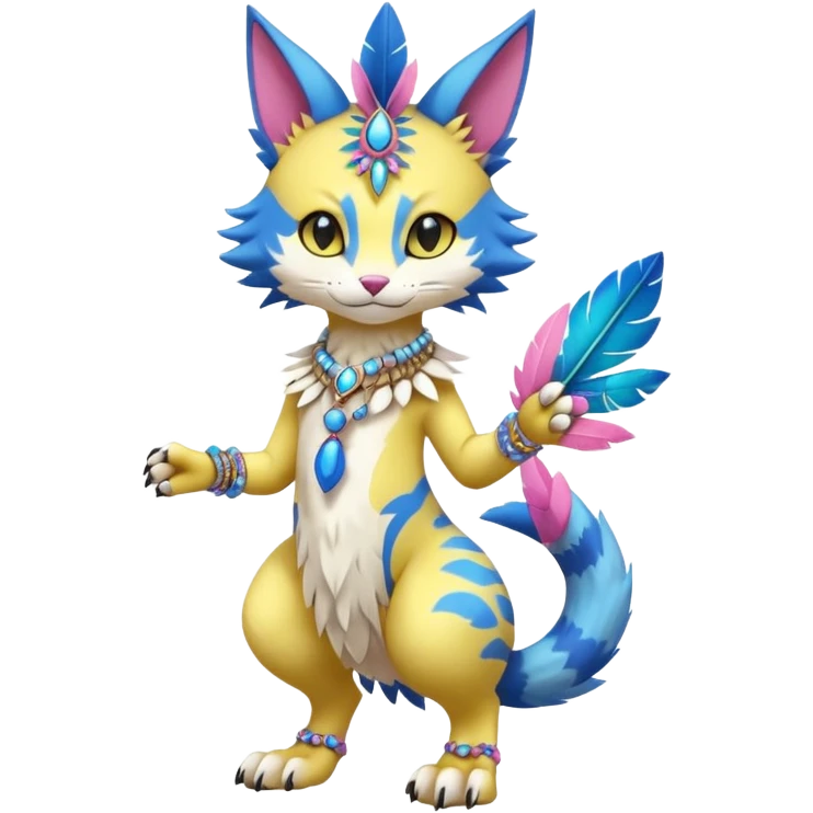 Kawaii cute yellow, blue, pink, exotic tribal beautiful pretty elegant divine edgy feline-vernid-sergal-Fakémon-Pokémon-Digimon-fursona-animal-creature with bracelet, necklace, full body, with intricate detailed markings, feather headdress  emoji