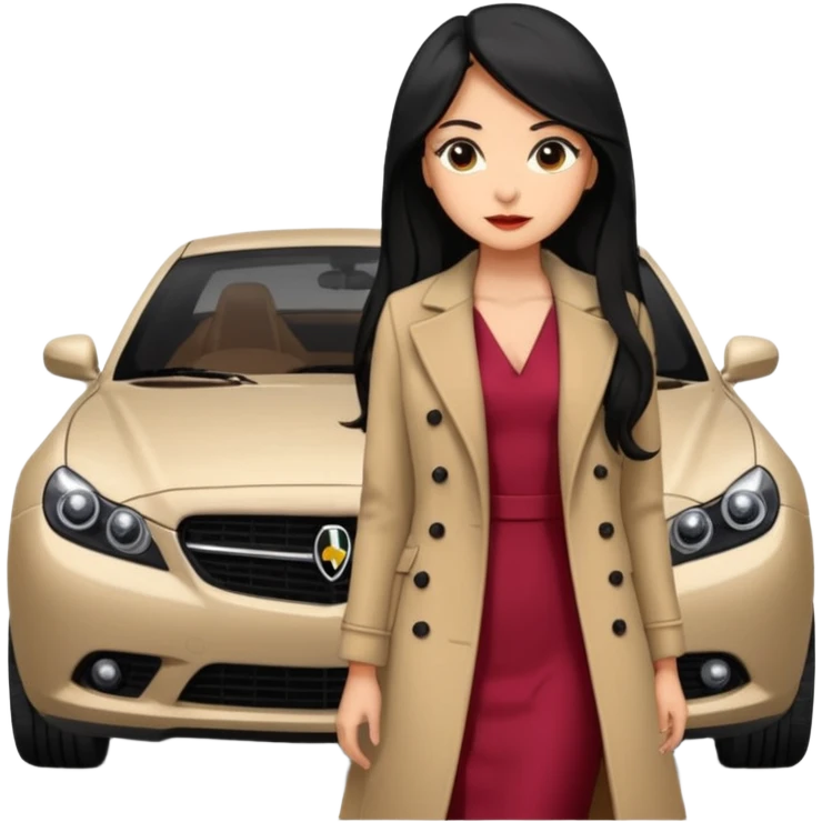 A fast, expensive black car with a young woman beside it The young woman has long black hair, wears a beige formal coat, and underneath is a cherry-colored dress. With expensive blak caaar emoji