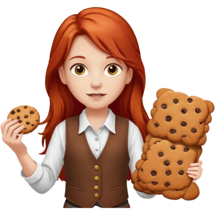 white girl scout with red long hair selling cookies with a brown vest and white shirt under vest. She should be around 10 years old emoji