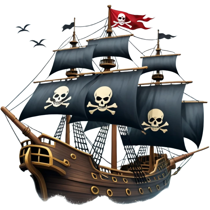 An icon representing an adventure game, inspired by high-seas exploration. The design features a fearless pirate gripping the wheel of a grand sailing ship, its tattered Jolly Roger flag billowing as it cuts through stormy waters. The scene evokes danger, treasure, and the thrill of the open sea. Transparent background. emoji
