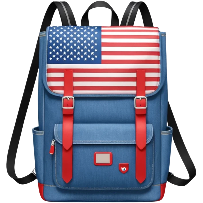 a blue denim backpack with a flap top, two vertical black buckle straps on the front. The backpack has two side pockets and a soft square shape. at front view bottom pocket, red and with two divided logo like simple american flag

 emoji