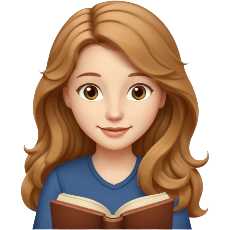 detailed emoji of a woman with long light brown wavy hair, light brown eyes, softly smiling while reading a book emoji