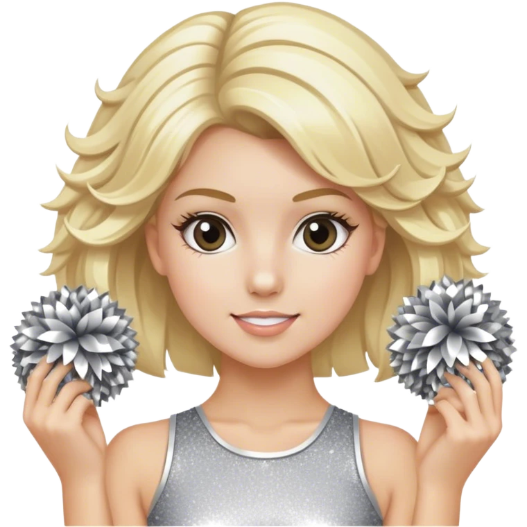 Cheerleader with blonde hair down holding Pom Pom’s wearing all silver and glitter emoji