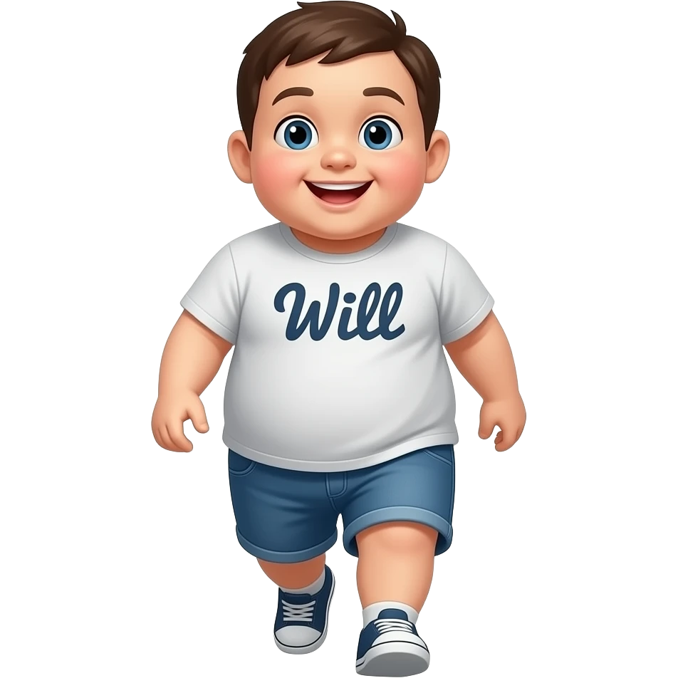 hazme un niño gordo que se le vea todo el cuerpo i este contento i  que este de espaldas caminado para alante que en la camiseta ponga Will en letras emoji