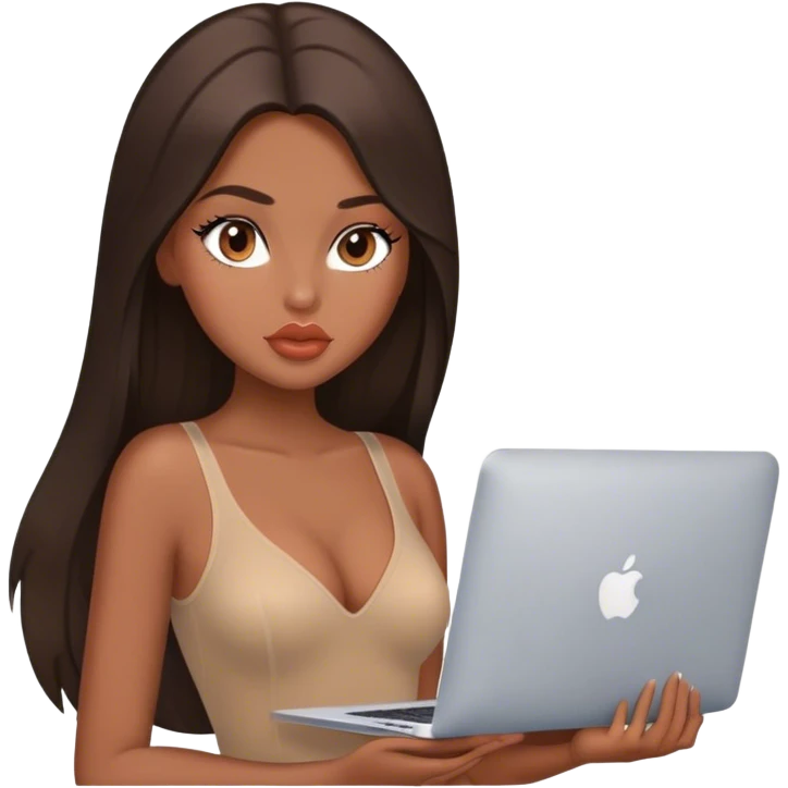 Glamours tanned very beautiful girl with big pump peach lips and dark chocolate straight smooth long hair, blue-grey eyes in brown/beige bodysuit with MacBook emoji