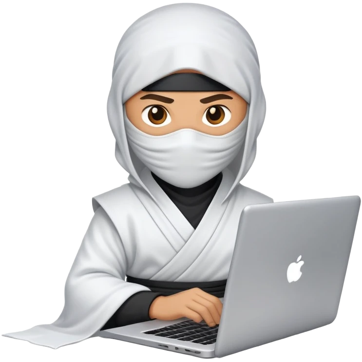 Ninja wearing white cloth working with laptop emoji