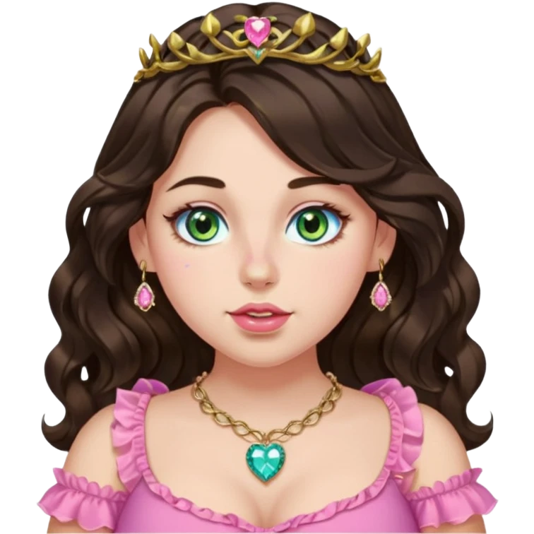 Girl girl with long wavy dark brown hair with middle part, centralized heterochromia blue green gold eyes, plus size, pink frilly top, right nostril gold nose ring, small pink heart crystal necklace  emoji