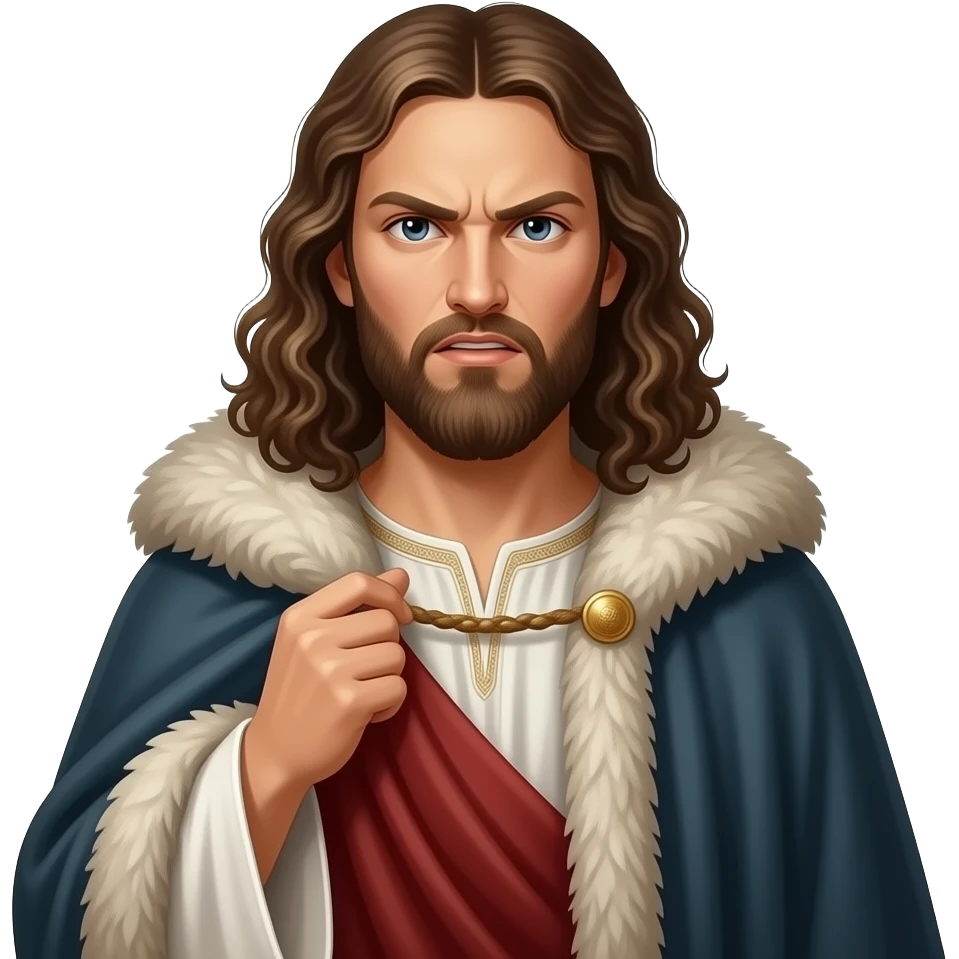 cinematic - en face, piercing angry, Albrecht Dürer Renaissance self-portrait with long curly hair in a cloak with a fur collar, in Renaissance dress, holding the fur collar with his left hand - contemporary representations of Christ emoji