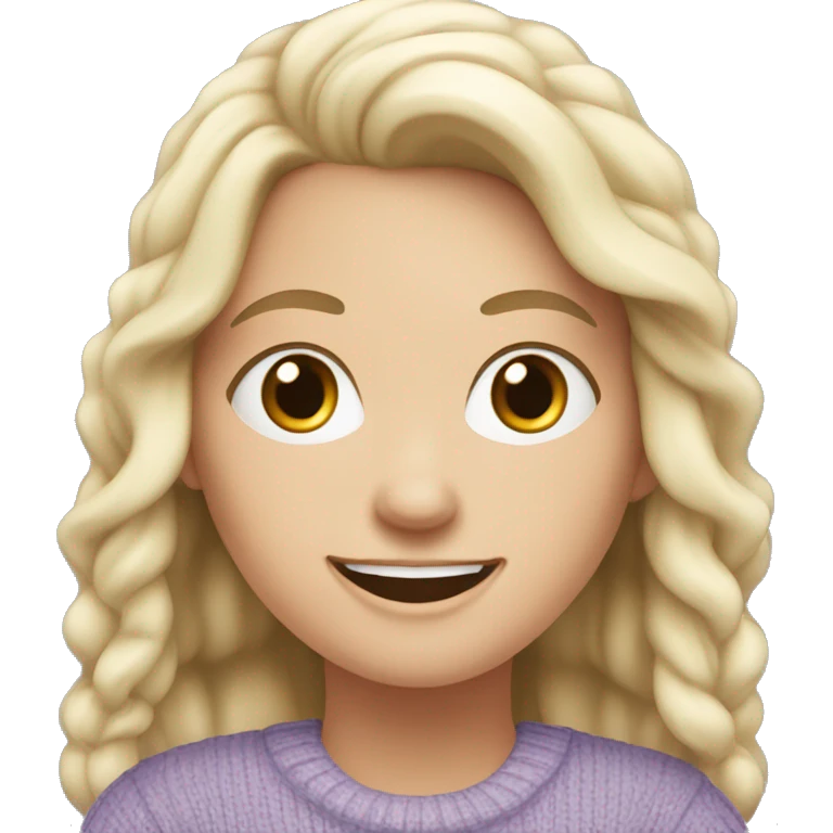 white girl working with laptop, dark hair, lavender sweater and smile on her face emoji
