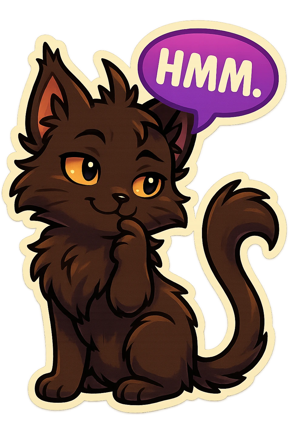 a dark-brown fluffy cute kawaii anime cat with tufted ears and a long thin tufted tail, thinking, smirking thoughtfully, saying “Hmm..” with a purple speech bubble, (cartoon style) (furry style) (deviantArt style) (artist style: Kamirah) emoji