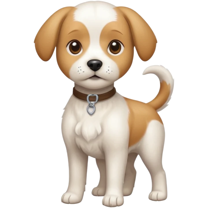 a full body white beagle x maltese x chi dog the size of a kelpie with light brown ears and a light brown patch on one eye emoji