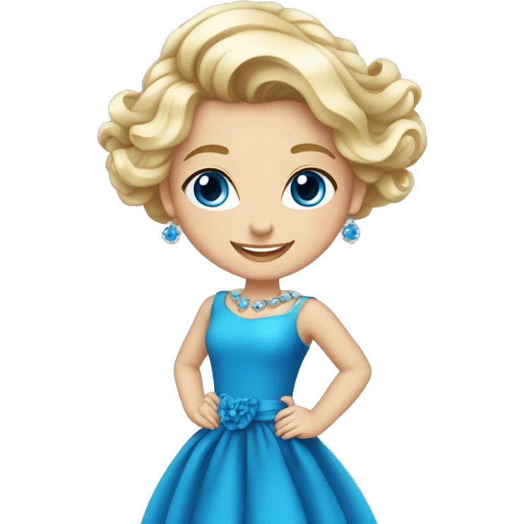 girl with earrings and jewelry, Eroupean, Blonde hair, white skin, blue dress happy blue eyes, emoji