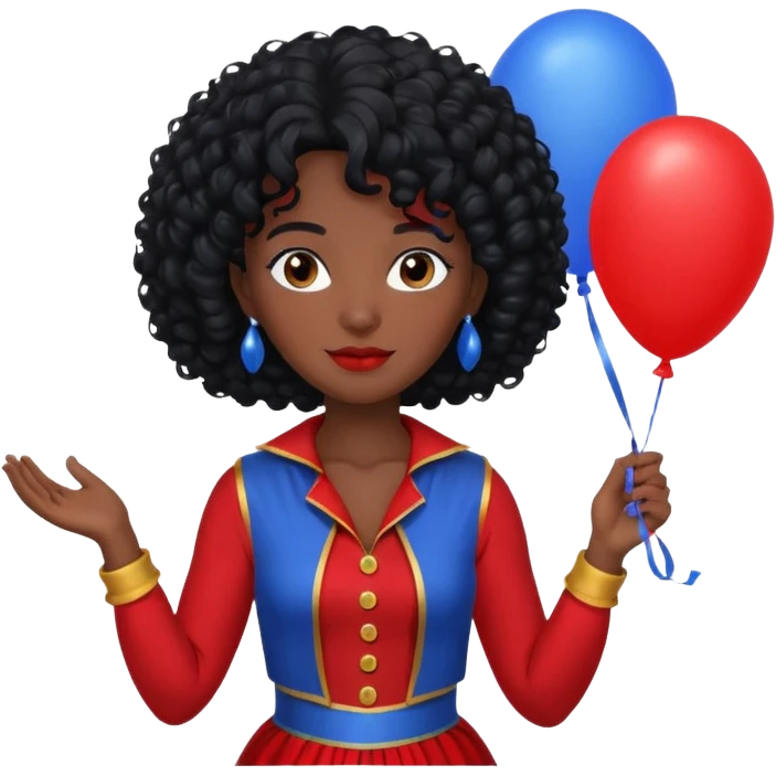 woman with curly black hair and dark face red costume, holding blue balloon emoji