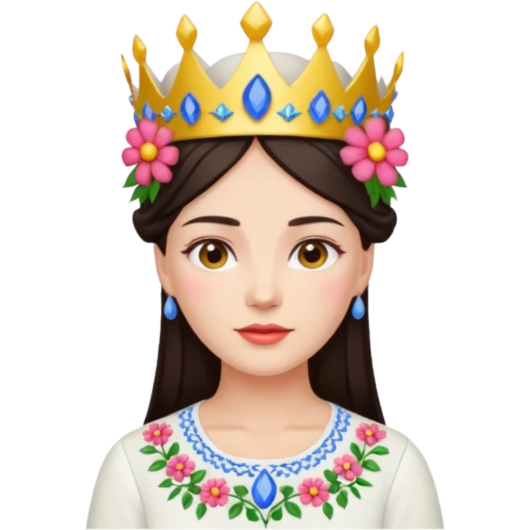Ukrainian woman in a white embroidered shirt with dark hair and a crown of flowers on her head emoji