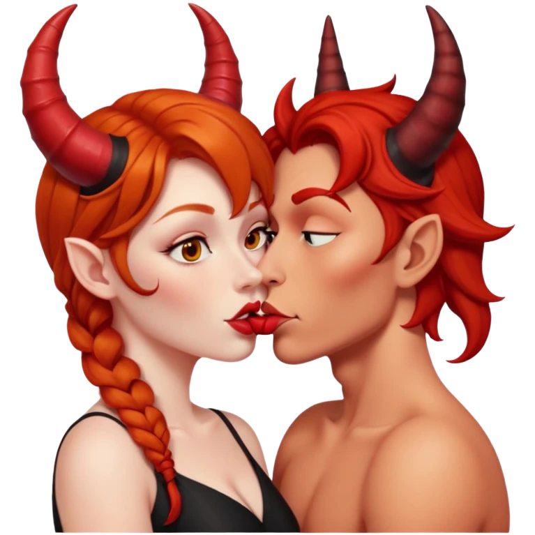 Ginger haired woman kissing devil emoji