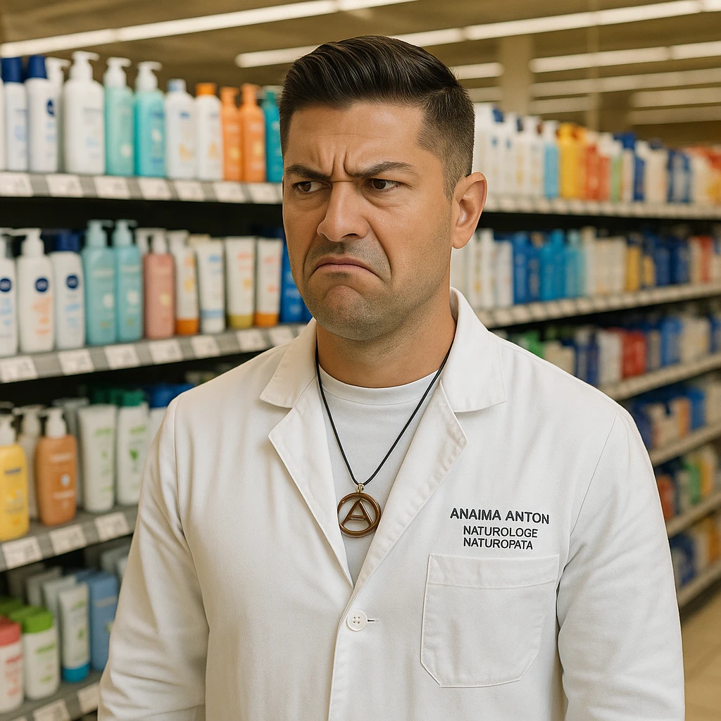 Create a realistic image of a man with the face and appearance of the person in the reference photo, standing in a supermarket. The man has a displeased expression in front of shelves filled with chemical cosmetic products for skin and body (creams, lotions, etc.). The man looks annoyed, as if thinking these products should be abolished. The tone is realistic and communicative. emoji