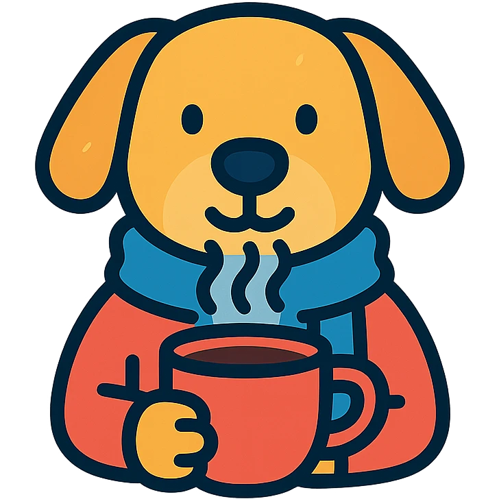 A dog drinking a cup of coffee, outside is cold emoji